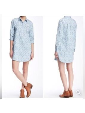 Lucky Brand Blue Chambray Denim Look Cream Ivory Ikat Boho Cotton Shirt Dress Sm